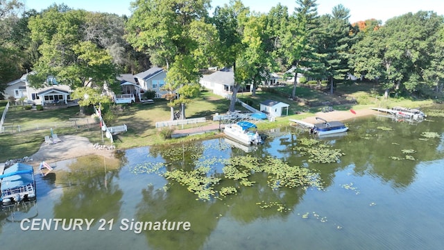 drone / aerial view featuring a water view