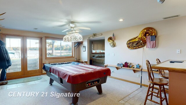 playroom with a ceiling fan, visible vents, baseboards, recessed lighting, and pool table