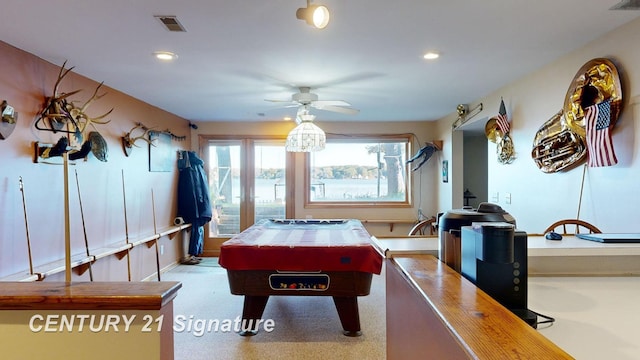 rec room featuring recessed lighting, visible vents, ceiling fan, and pool table