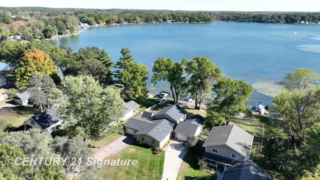 aerial view featuring a water view and a residential view