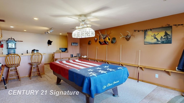 playroom with visible vents, recessed lighting, a ceiling fan, and baseboards