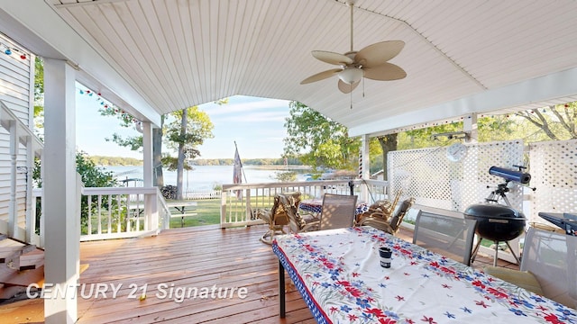 deck with a grill, ceiling fan, and a water view