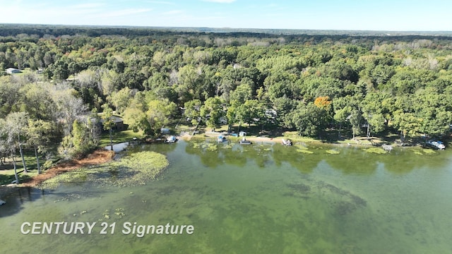 aerial view featuring a water view and a wooded view