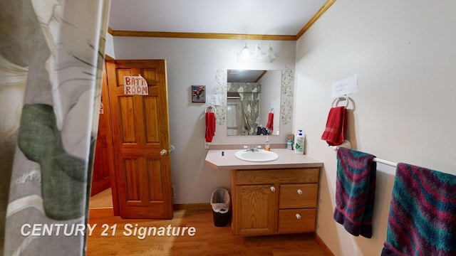 bathroom featuring baseboards, wood finished floors, vanity, and ornamental molding