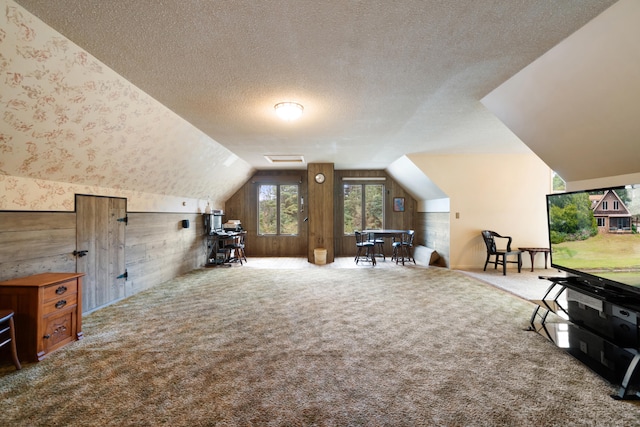 additional living space with lofted ceiling, a textured ceiling, and carpet flooring