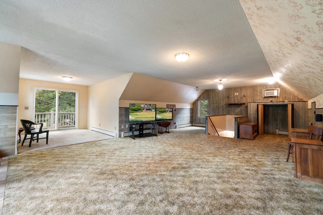 bonus room with a baseboard heating unit, vaulted ceiling, and wooden walls