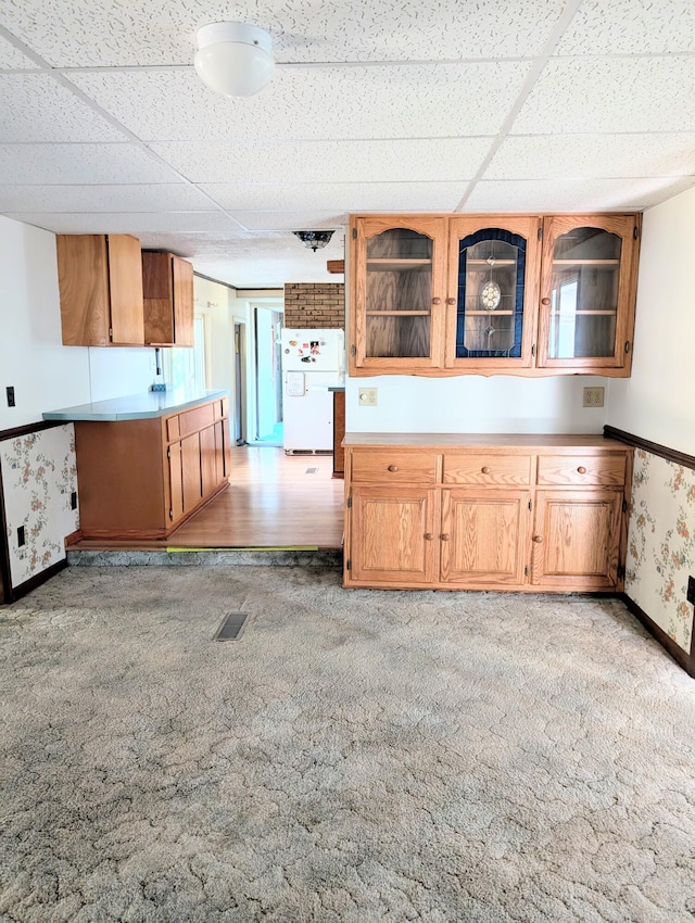 11700 Stultz St, Rockford, MI 49341 - kitchen featuring freestanding refrigerator, light carpet, baseboards, a drop ceiling, and light countertops