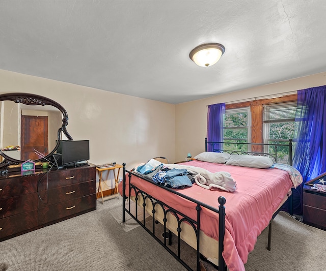 carpeted bedroom with a textured ceiling