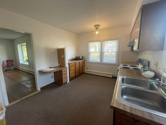 kitchen with white range with electric stovetop, a healthy amount of sunlight, sink, and a baseboard heating unit