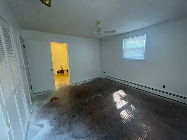 unfurnished bedroom featuring ceiling fan, a closet, and a baseboard radiator