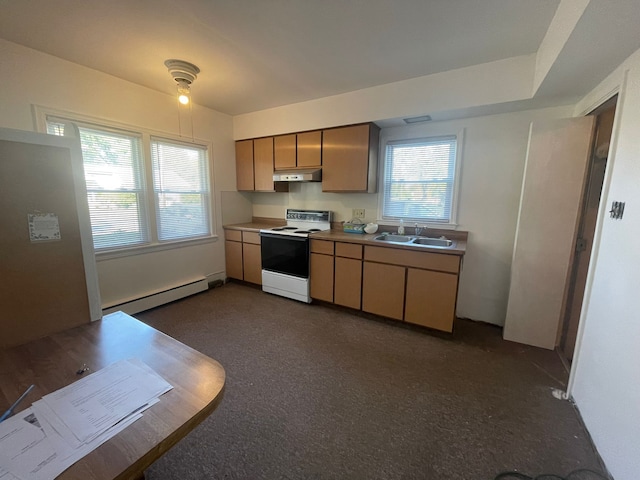 kitchen featuring white range with electric cooktop, a baseboard heating unit, and sink