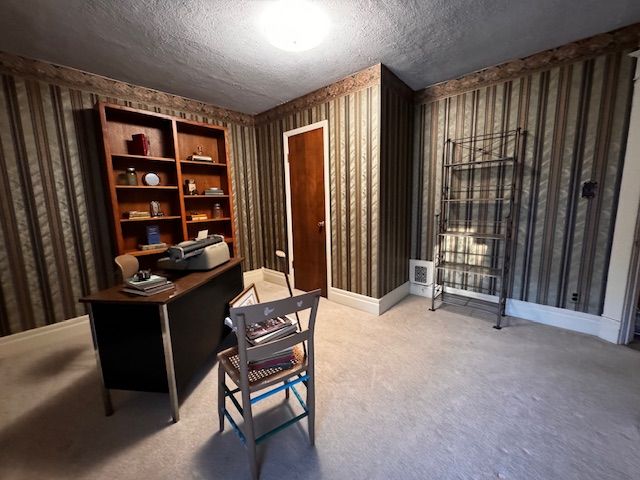 carpeted home office featuring a textured ceiling