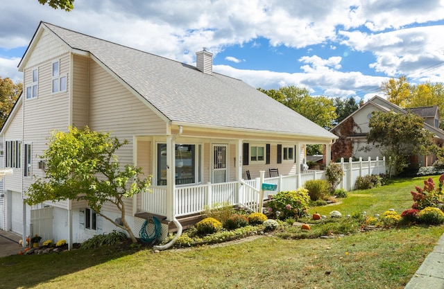 view of front facade featuring a front lawn, a porch, and a garage