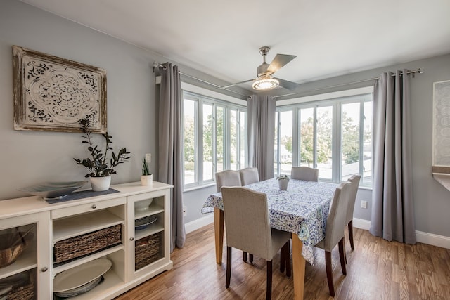 dining space featuring hardwood / wood-style flooring and ceiling fan