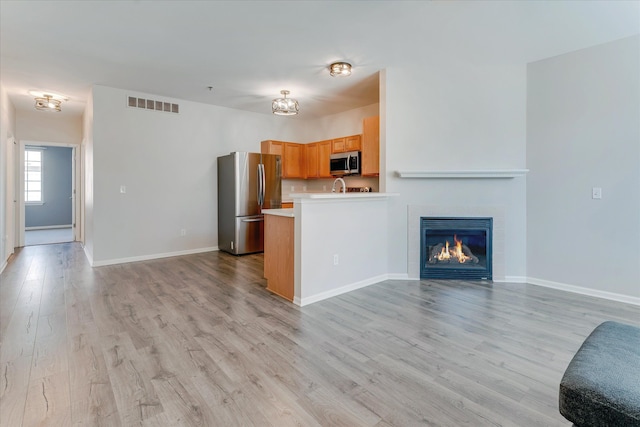 kitchen featuring kitchen peninsula, light hardwood / wood-style flooring, and stainless steel appliances