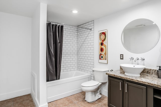 full bathroom featuring shower / tub combo, tile patterned floors, vanity, and toilet