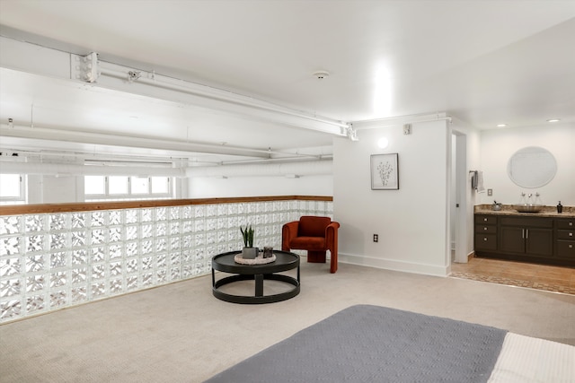 sitting room with light colored carpet