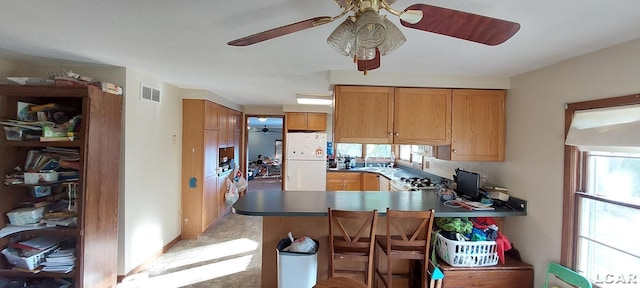 kitchen with kitchen peninsula, light carpet, a healthy amount of sunlight, and white refrigerator