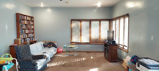 living area with light colored carpet