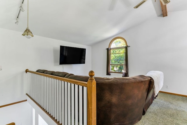 living room with carpet flooring, ceiling fan, track lighting, and lofted ceiling