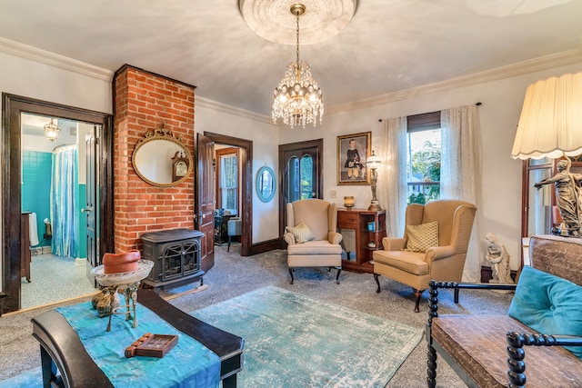 327 Reid Rd, Grand Blanc, MI 48439 - sitting room with a chandelier, a wood stove, carpet floors, and crown molding