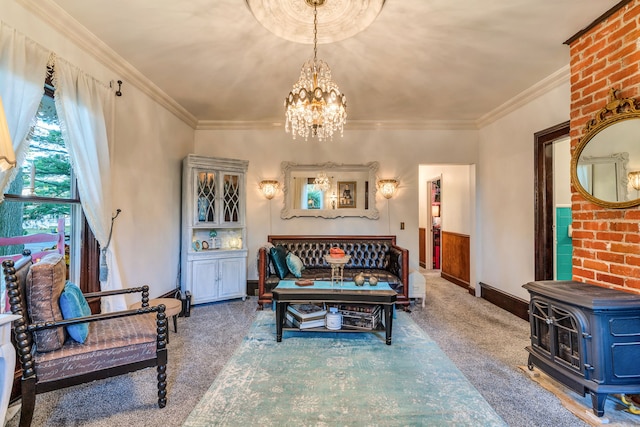 327 Reid Rd, Grand Blanc, MI 48439 - living room with a wood stove, a notable chandelier, carpet, baseboards, and ornamental molding