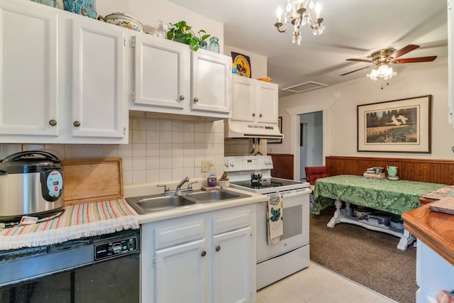 327 Reid Rd, Grand Blanc, MI 48439 - kitchen with wainscoting, black dishwasher, under cabinet range hood, a sink, and white electric range oven