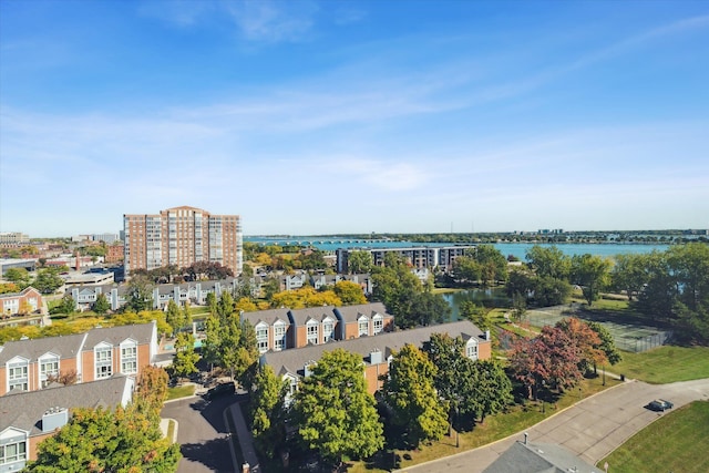 drone / aerial view featuring a water view