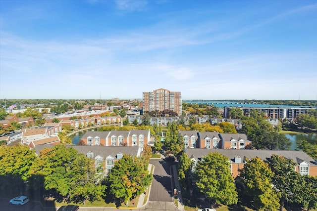 drone / aerial view with a water view