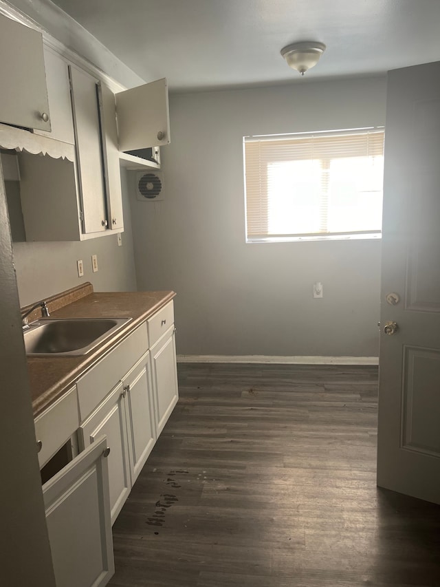 kitchen with white cabinets, dark hardwood / wood-style flooring, and sink