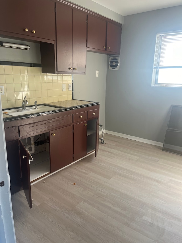 kitchen featuring light wood-type flooring, dark brown cabinetry, sink, and tasteful backsplash