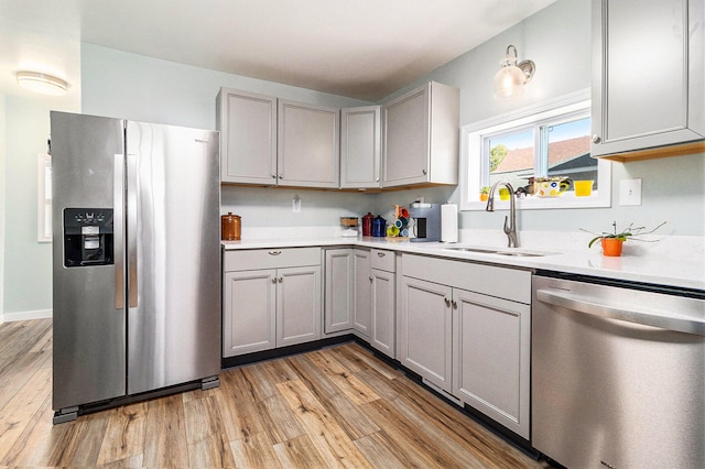 kitchen with light wood-type flooring, stainless steel appliances, gray cabinetry, and sink