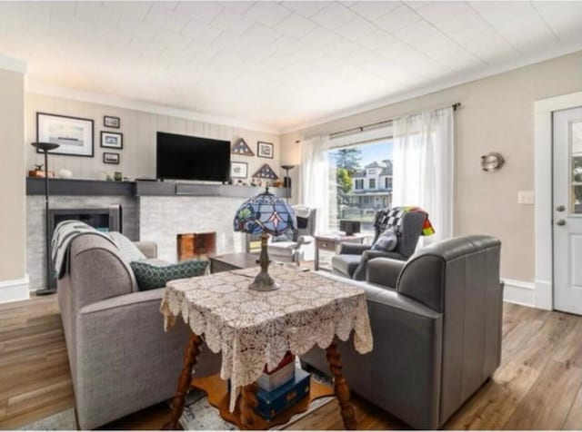 living room featuring a fireplace, light hardwood / wood-style floors, and ornamental molding