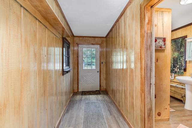 doorway featuring wood walls, light hardwood / wood-style floors, and sink