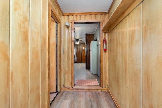 hallway featuring light hardwood / wood-style floors and wooden walls