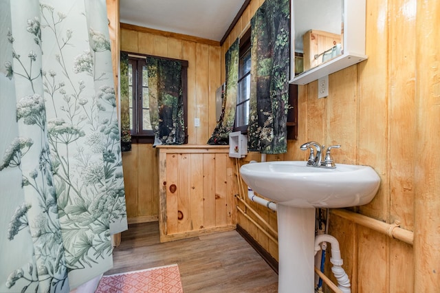 bathroom with wooden walls and hardwood / wood-style floors