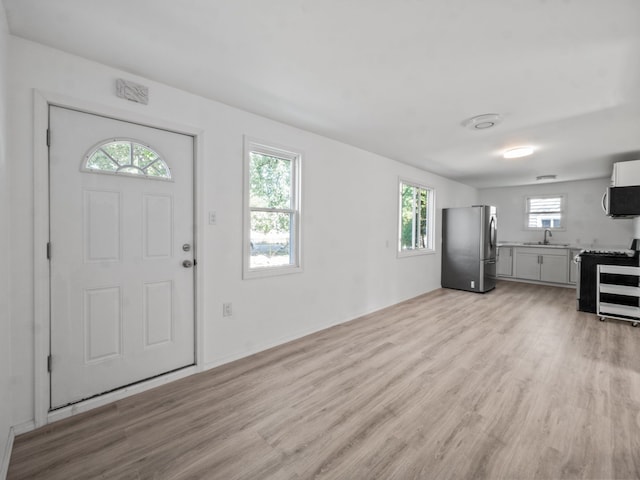 foyer entrance featuring a wealth of natural light, sink, and light hardwood / wood-style flooring