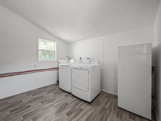 clothes washing area featuring washer and clothes dryer and wood-type flooring