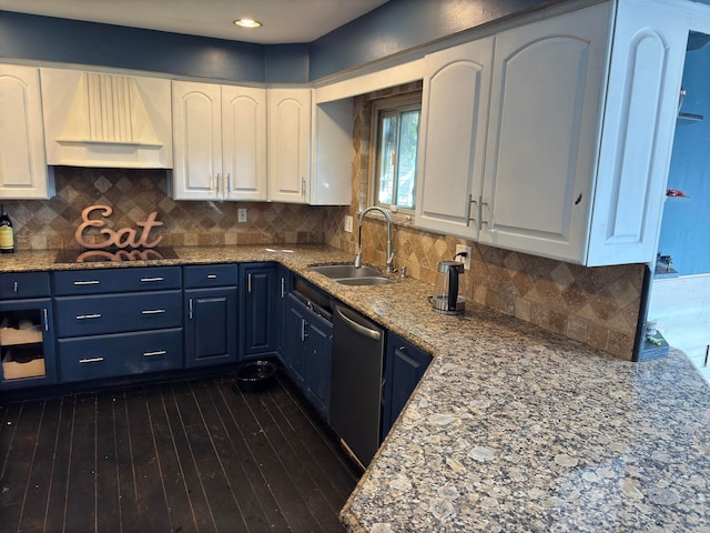 kitchen with blue cabinetry, white cabinetry, sink, dishwasher, and dark hardwood / wood-style floors