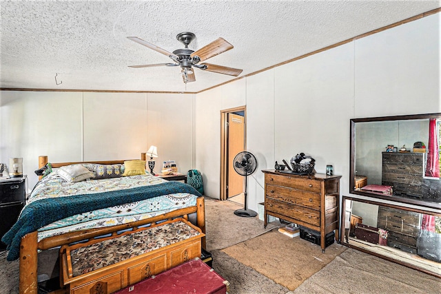 carpeted bedroom with vaulted ceiling, ceiling fan, a textured ceiling, and ornamental molding