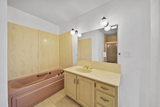 bathroom featuring tile patterned floors, vanity, and independent shower and bath