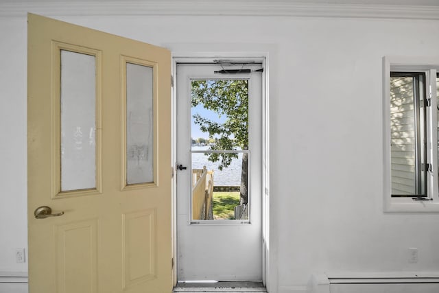 doorway featuring baseboard heating