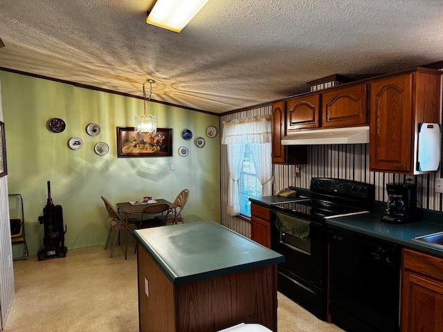 kitchen featuring light carpet, pendant lighting, a textured ceiling, and black appliances