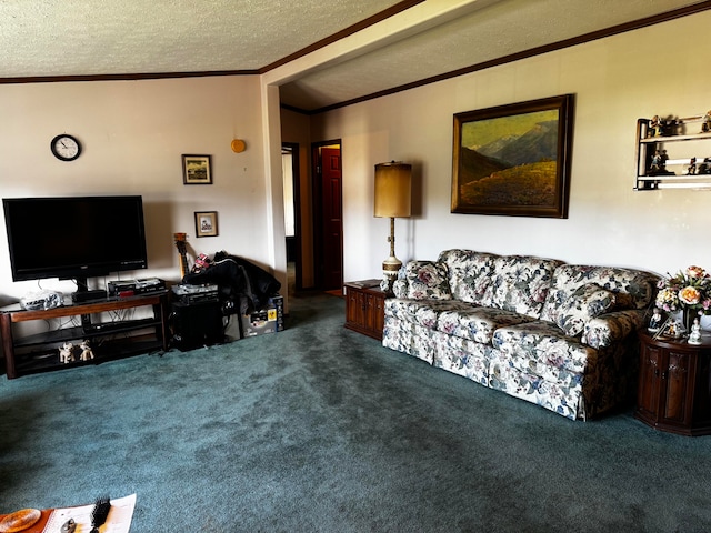 living room with carpet floors, a textured ceiling, and ornamental molding