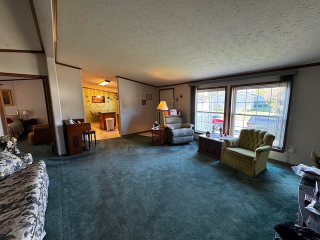 living room featuring dark colored carpet, ornamental molding, and a textured ceiling