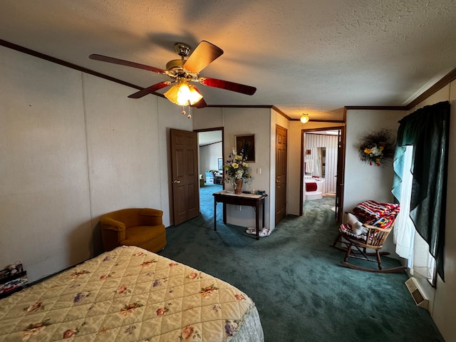 bedroom with dark colored carpet, a textured ceiling, ceiling fan, and ornamental molding