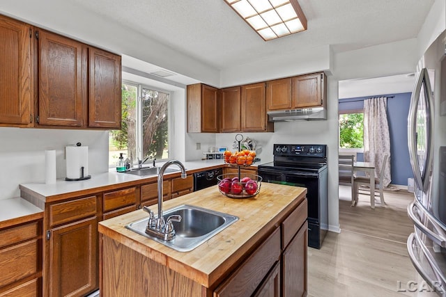 kitchen featuring sink, black appliances, plenty of natural light, and light wood-type flooring