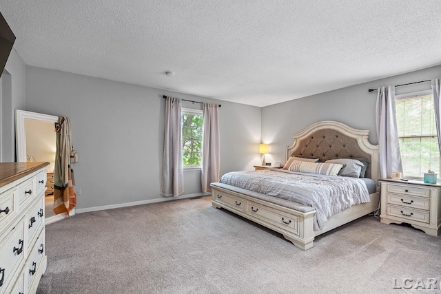 carpeted bedroom featuring a textured ceiling and multiple windows