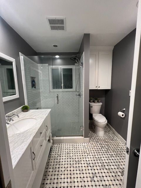 bathroom with vanity, a shower with shower door, and toilet