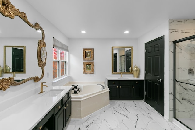 bathroom with vanity and plus walk in shower